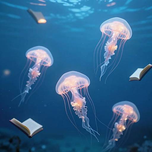 Photograph of glowing jellyfish with translucent, pink-tinged bell and tentacles, floating among open books in a deep blue underwater scene.