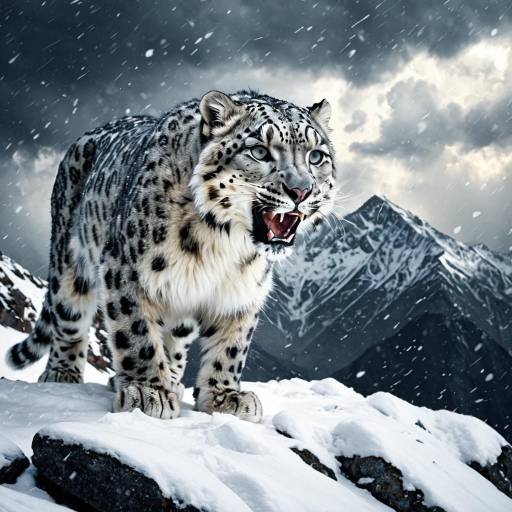 Roaring Snow Leopard on Snowy Mountain