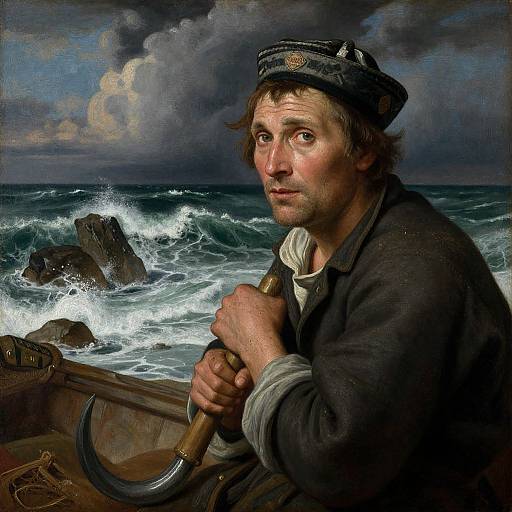 Photorealistic painting of a rugged, weathered sailor with wavy brown hair, dark cap, and heavy coat, gripping a ship's oar