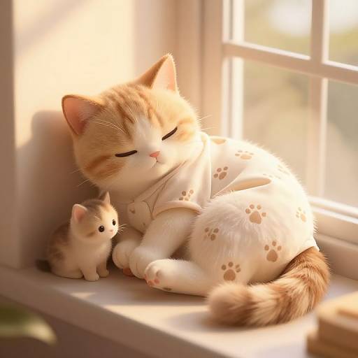 Photograph of a sunlit, orange-and-white cat with closed eyes, lying beside a small, white stuffed kitten toy on a windowsill.