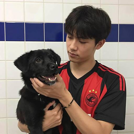 Focused Young Man with Black Dog