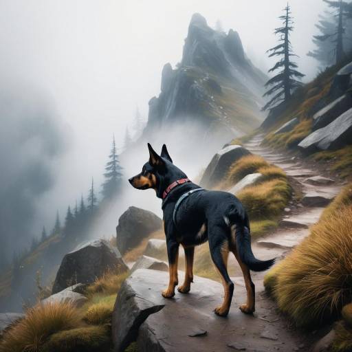 Alert Dog on a Misty Mountain Trail Alert Dog on a Misty Mountain Trail