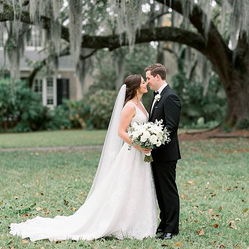 Photograph of a bride in a white gown and veil, holding bouquet, kissing a groom in black tuxedo, outdoors under large tree.