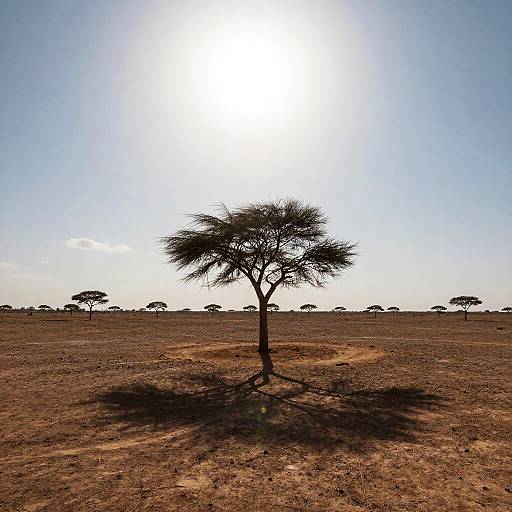 Photograph of a solitary acacia tree in a vast, dry savanna under a bright, intense sun with a clear blue sky.
