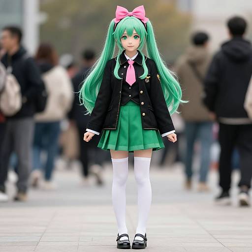 Digital anime-style drawing of a green-haired girl with twin tails, pink bow, black jacket, green skirt, white thigh-highs, and black shoes