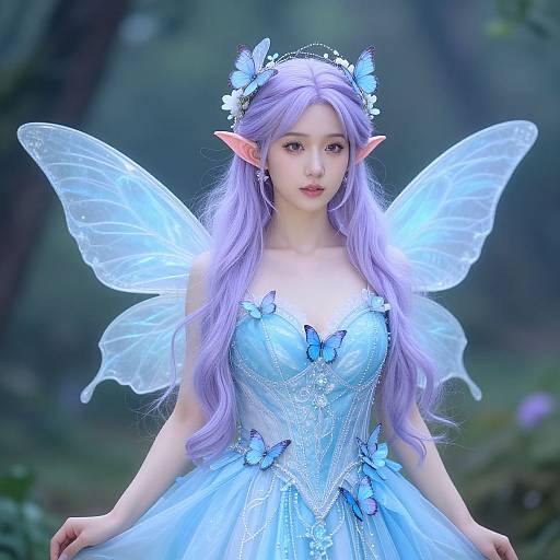 Digital fantasy artwork of a fair-skinned elf with long lavender hair, blue butterfly-adorned dress, translucent wings, and flower crown in a mystical