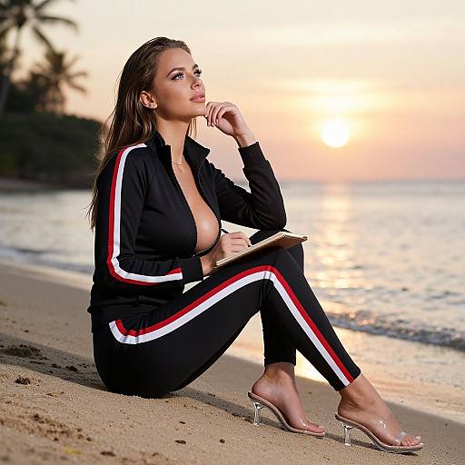 Photograph of a light-skinned woman with wet brown hair, wearing a black tracksuit with red and white stripes, sitting on a beach at sunset