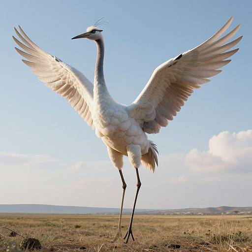 Photograph of a white egret with outstretched wings, standing on grassy plains under a clear blue sky with scattered clouds.