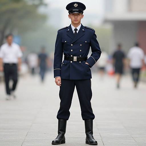 Photograph of a young male soldier standing in a blurred urban background, wearing a dark navy double-breasted uniform with peaked cap, black belt, and