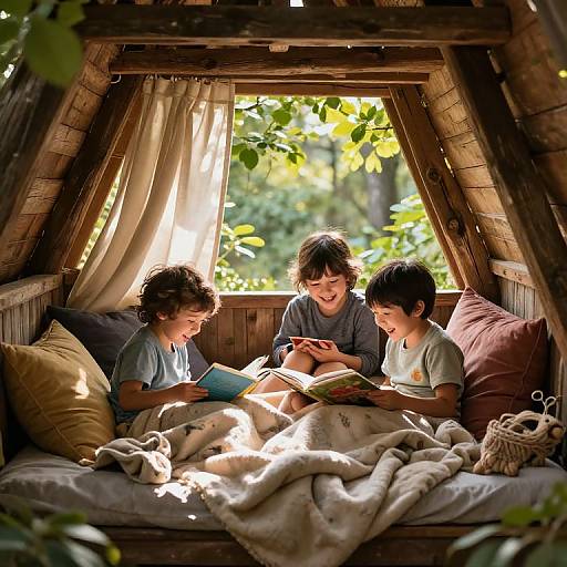 Kids Building Cozy Treehouse Fort