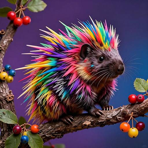 Rainbow Porcupine on Vibrant Branch