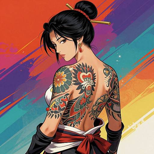 Tattooed woman with black hair in bun, red earrings, white top, red sash, vibrant colorful background, looking over shoulder. Digital