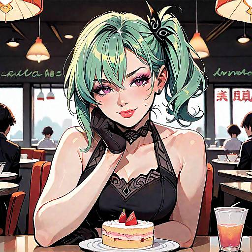 Anime Girl in Restaurant with Cake