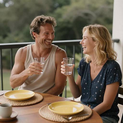 Laughing Couple on Balcony with Drinks