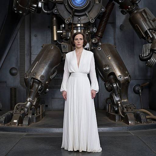 Woman in White Dress with Mechanical Structure