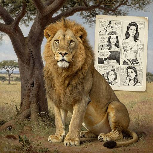 Photograph of a majestic male lion with a thick mane sitting under a tree in a savanna, overlaid with black-and-white comic-style sketches of