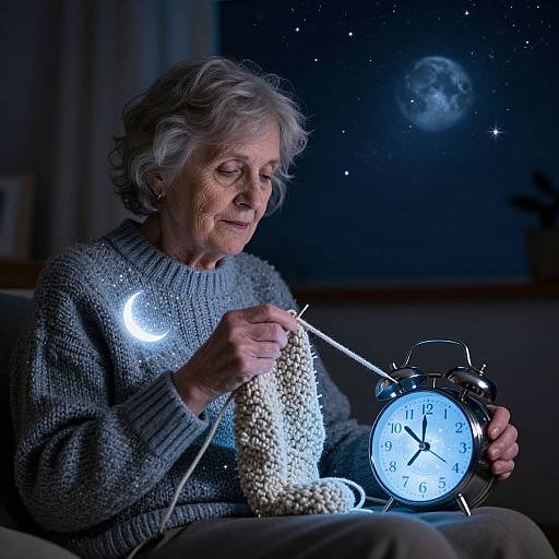 Photograph of elderly woman with gray hair, wearing a gray sweater, knitting by nightstand with glowing alarm clock and crescent moon.
