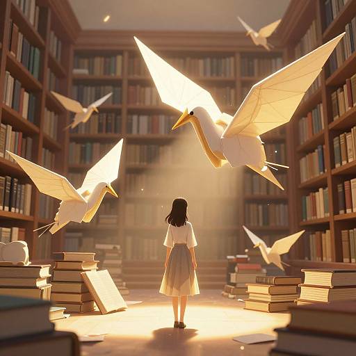 Digital art: A girl with black hair, white blouse, and gray skirt stands in a sunlit library, surrounded by flying, glowing paper birds amidst