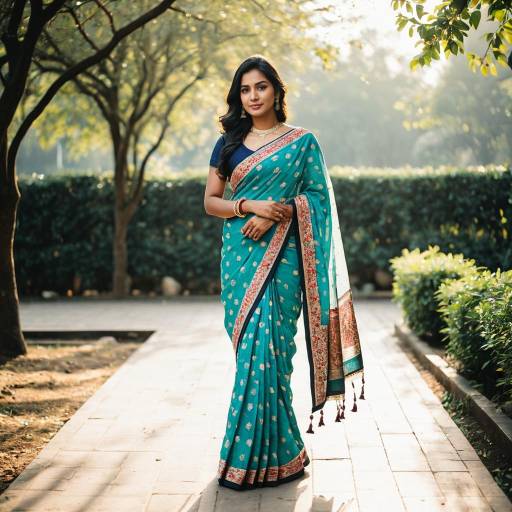 Indian Woman Wearing Elegant Turquoise Sari in Park