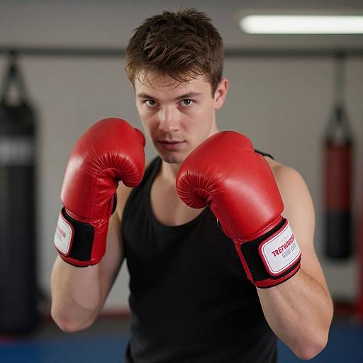 Photograph of a focused, young Caucasian male boxer with short brown hair, wearing a black tank top and red boxing gloves, standing in a gym with