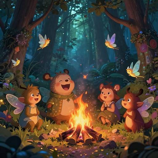 Whimsical forest scene: five fairy-like bear children with wings gather around a glowing campfire, surrounded by glowing butterflies and lush trees. Digital illustration