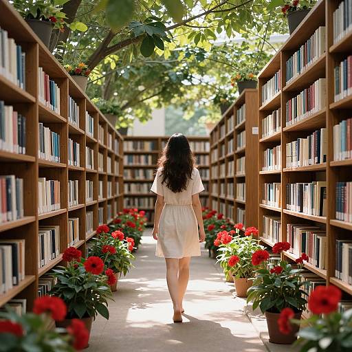 Photograph of a woman with long brown hair, wearing a white dress, walking down a sunlit library aisle flanked by bookshelves and vibrant
