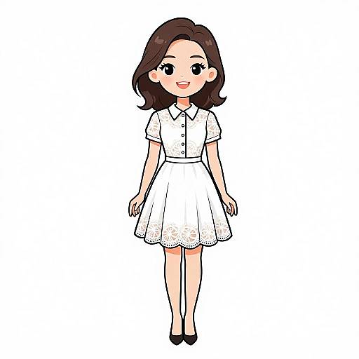 Digital cartoon of a smiling Asian woman with shoulder-length brown hair, wearing a white short-sleeved dress and black heels.