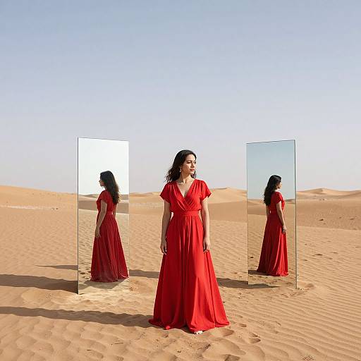 Photograph of a woman in a flowing red dress standing in a desert, reflected in two vertical mirrors, under a clear blue sky.
