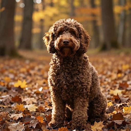 Photograph of a curly brown dog sitting on a forest floor covered in autumn leaves, bathed in golden sunlight.