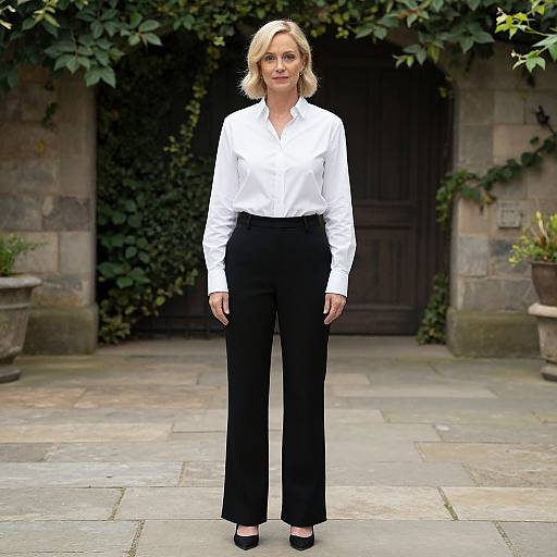 Photograph of a blonde woman with shoulder-length hair, wearing a white blouse and black high-waisted pants, standing in a stone courtyard with iv