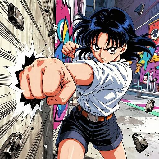 Anime-style digital drawing of a determined, black-haired girl in a white shirt and black shorts, punching a graffiti-covered wall with a powerful punch, surrounded
