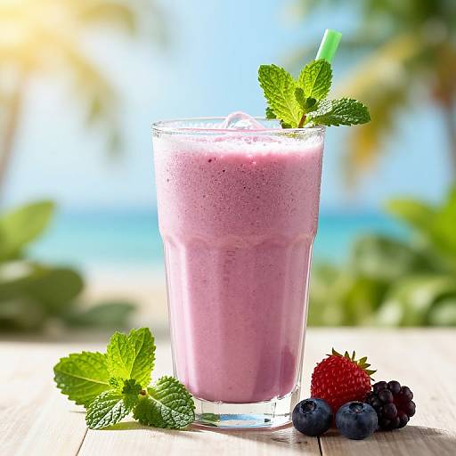 Photograph of a glass of vibrant pink smoothie with a green straw, garnished with mint, and surrounded by strawberries and blueberries on a sunny