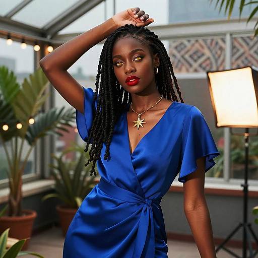 Photograph of a confident Black woman with long braids, wearing a vibrant blue dress, star necklace, and red lipstick, posing in a sunlit