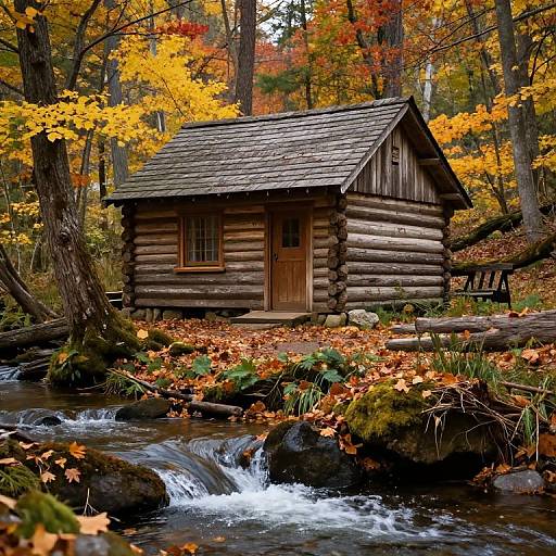 Photograph of a rustic log cabin with a shingled roof, nestled beside a flowing stream, surrounded by vibrant autumn foliage.