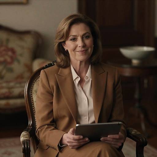 Middle-aged Woman with Tablet in Ornate Chair