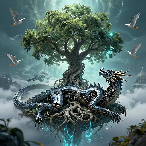 Digital fantasy artwork of a dragon entwined with a glowing tree, surrounded by white birds, in a mystical, ethereal forest.