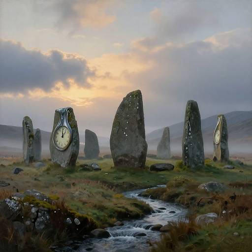 Photograph of a misty, moonlit landscape with six tall, ancient stone standing clocks scattered across a grassy field and small stream.