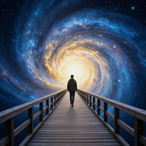 Silhouette of a person walking on a wooden bridge towards a glowing, swirling galaxy with vibrant blues, yellows, and whites. Digital art.