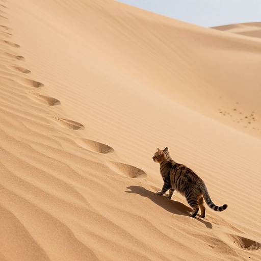 Photograph of a tabby cat with dark stripes walking up a sandy desert dune, casting a shadow on the golden sand.