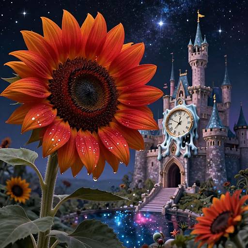 Vibrant digital artwork of a glowing red sunflower in foreground, with a magical castle adorned with a clock in background under a starry night sky