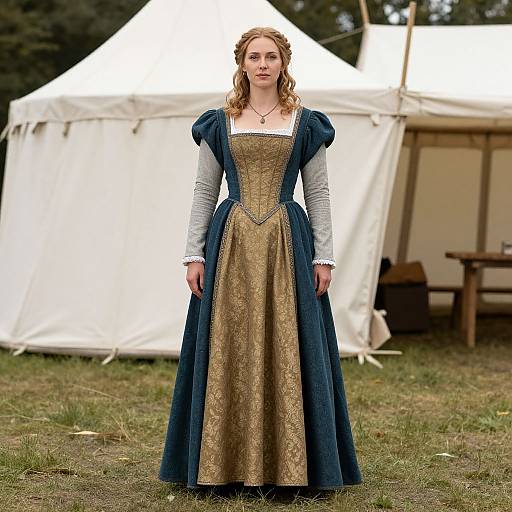 Photograph of a young woman with wavy blonde hair, wearing a Renaissance-style blue and gold gown with white sleeves, standing in front of a white
