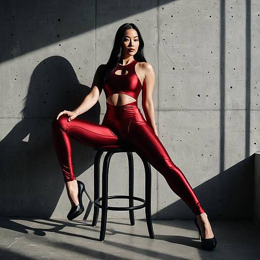 Curvy Elegance in Ruby Red Catsuit