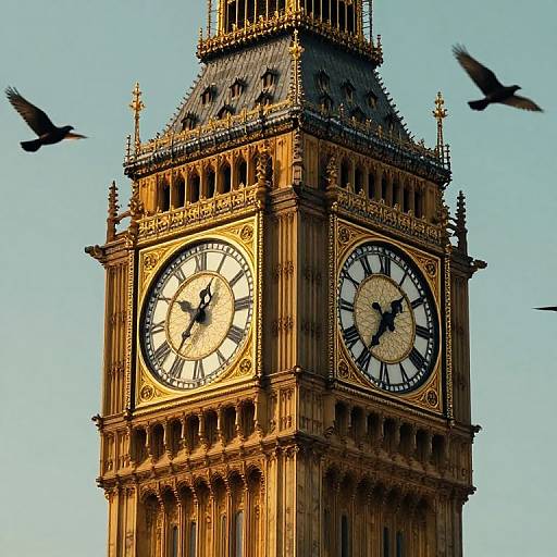 Photograph of the iconic Big Ben clock tower, golden sunlight highlighting its detailed architecture, with two birds flying in the clear blue sky.