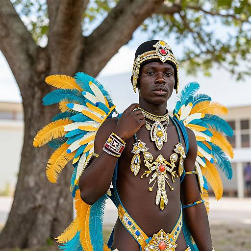 Photograph of an African man with dark skin, wearing colorful blue and yellow feathered headdress and chest adornments, standing outdoors under a tree.