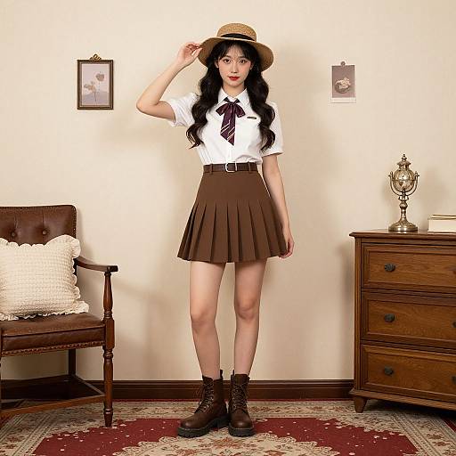 Photograph of a slim, fair-skinned woman with long black hair, wearing a white blouse, brown pleated skirt, brown boots, and straw