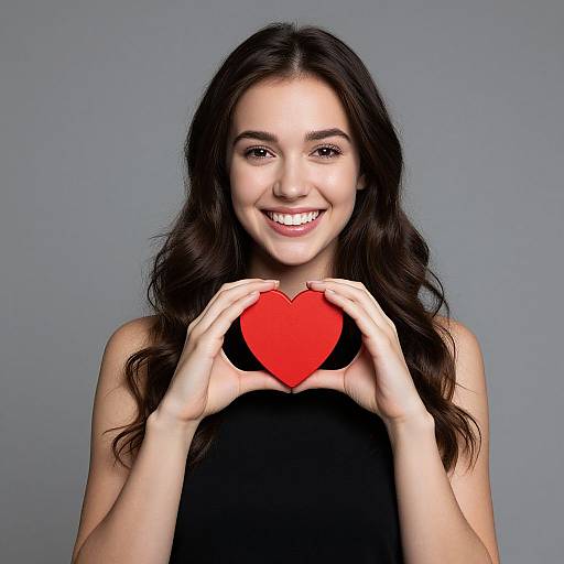 Photograph of a smiling young woman with long, wavy brown hair, holding a red heart in front of her chest, wearing a black sleeveless