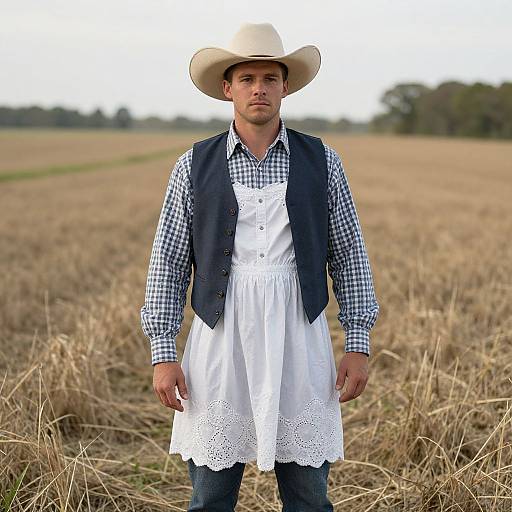Photograph of a Caucasian man in a white dress, black checkered shirt, black vest, and white cowboy hat, standing in a golden wheat field