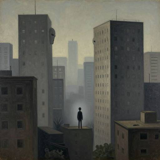 Digital painting of a solitary figure in a dark suit standing on a rooftop, surrounded by foggy, towering, gray urban skyscrapers.