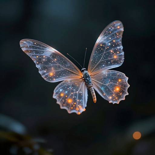 Photograph of a transparent butterfly with glowing orange and blue specks, illuminated against a dark, blurred background.