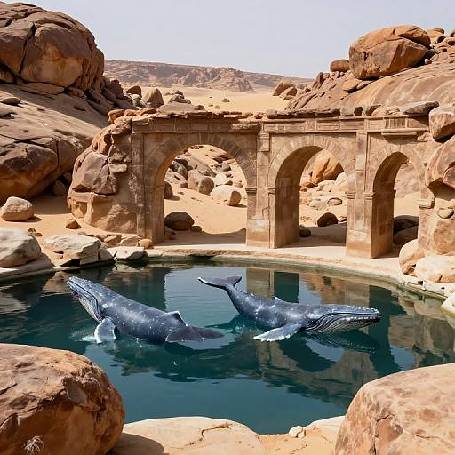 Photorealistic CGI: Two blue whales in a serene, sunlit desert oasis pool, with ancient stone arches and rocky formations in the background.